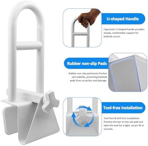 Heavy Duty Bathtub Safety Rail, Width Adjustable Bathtub Handle Grab Bar, Clamp-on Shower Support Handle for Side of Tub, Handicap Shower Safety Grab Bar for Seniors Elderly