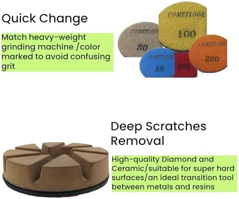 Hybrid Diamond Ceramic Polishing Pucks, Aggressive Concrete Terrazzo Floor Hook n Loop Grinding Pads, 3 Inch Long Using Life Transitional Discs,400# 9PCS