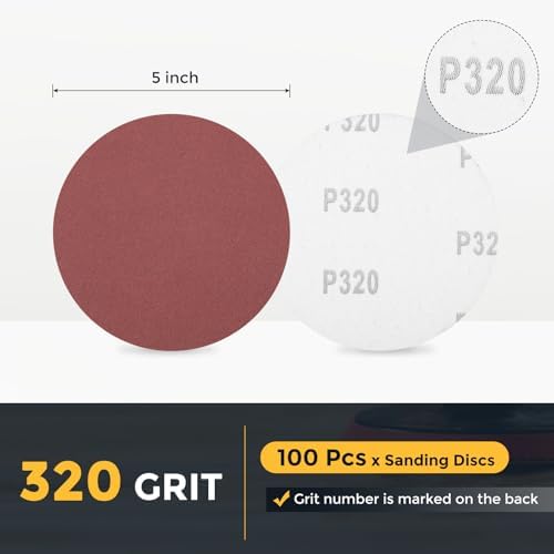 HARFINGTON 100 Pcs 5 Inch Sanding Discs 320 Grit Red Aluminum Oxide