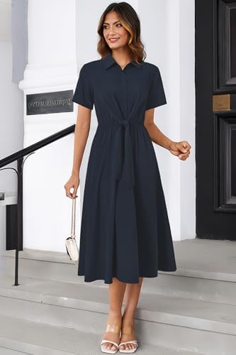 Newshows Women's Work Business Casual Outfits Tie Waist Midi Shirt Dress