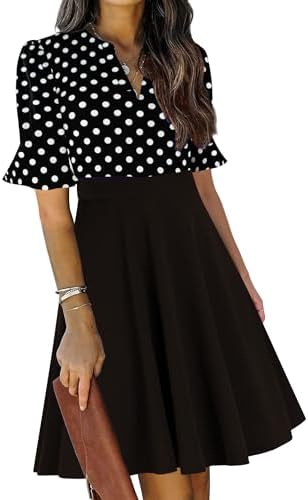 Mokayee Womens Summer V Neck Ruffle Short Sleeve Fit and Flare Knee Length Church Wedding Guest Dresses with Pockets