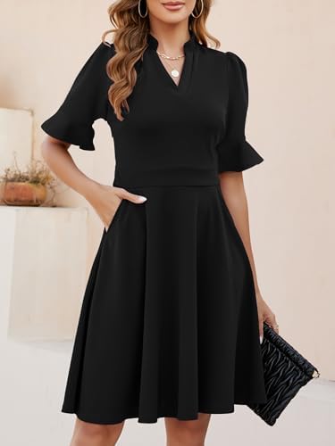 Mokayee Womens Summer V Neck Ruffle Short Sleeve Fit and Flare Knee Length Church Wedding Guest Dresses with Pockets