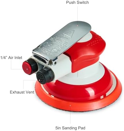 Professional Random Orbital Air Sander 5" Pneumatic Palm Sander DA Sander, Low Noise Reduction, 12000 RPM, Hook & Loop, for Auto Body, Car Detailing, Wood, Metal Polishing & Buffing