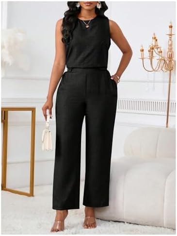 Floerns Women's 2 Piece Sets Dressy Outfits Bussiness casual Crew Neck Sleeveless Blouse and Elegant Pants Set