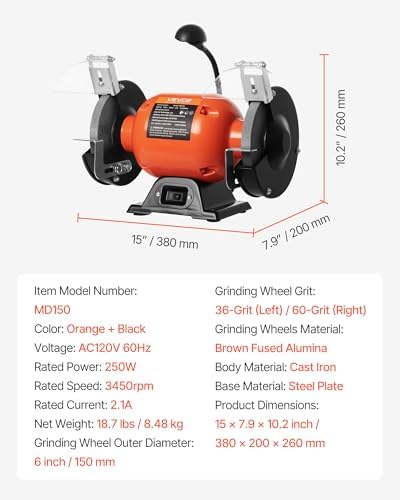 VEVOR Bench Grinder, 6-inch Single Speed Bench Grinder, 3450RPM High-Speed Table Grinders with 250W 2.1A 1/3Hp Induction Motor, 36/60-Grit Grinding Wheels & LED Work Light for Fast Sharpening Grinding