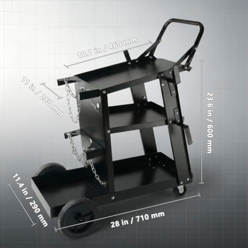 Welding Cart, 3-Tier Heavy Duty Welder Cart with 400LBS Load Capacity, 360° Swivel Wheels with Dual Cylinder Slots & Safety Chains, Rolling Cart for Welders & Plasma Cutters
