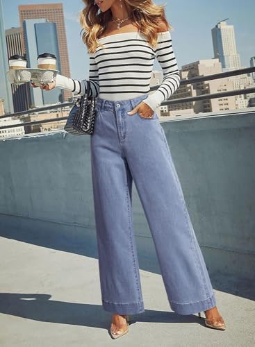 Dokotoo Women's Casual High Waisted Jeans Stretch Wide Leg Loose Denim Pant