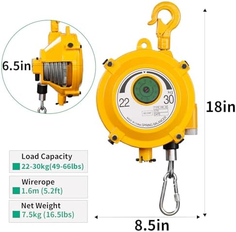 Heavy Duty Spring Balancer 22-30kg (49~66lbs), Tool Hanging Retractor, Retractable Balancer with 1.5m Adjustable Tension Steel Wire Cable, Industrial Tool Hanging Holding Equipment