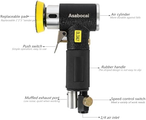 2" & 3" Mini Air Random Orbital Sander, Professional Pneumatic Palm Sander with M6 Thread Plate, Hook and Loop Sanding Pads, High Speed 15000 RPM Buffing & Polishing Kit for Auto Body, Spot Repair
