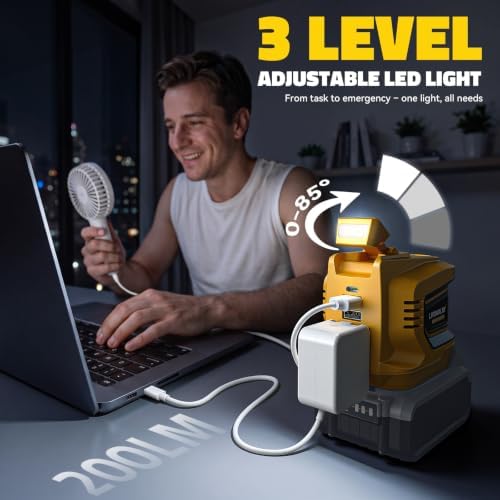 LIVOWALNY 220W-250W Power Inverter, Compatible with DeWALT 20V Battery, DC 20V to AC 110V-120V Portable Power Inverter, 1 AC Outlet, 2 USB Ports & 1 Type-C Port, Adjustable LED Work Light, (Tool Only)