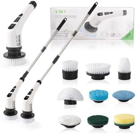 Electric Spin Scrubber, Cordless Cleaning Brush with 9 Replaceable Brush Heads, Tub and Floor Tile 360 Power Scrubber Dual Speed with Adjustable Detachable Handle for Bathroom Kitchen Car (9)