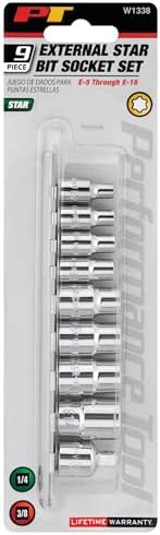 Performance Tool W1338 9-Piece 1/4 and 3/8 in. Drive E-Torx Socket Set | Car mechanic tools. Includes bonus storage rail and adapter. Heat-treated alloy steel with polished chrome finish
