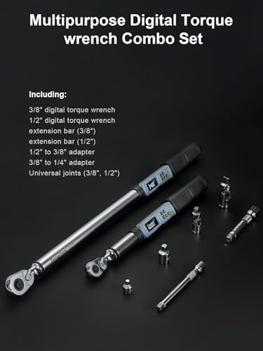 GROWNEER Digital Torque Wrench Set, 3/8" 2.2-44.3 Ft-lbs/3-60 Nm & 1/2'' 12.5-250.7 Ft-lbs/17-340 nm, Torque Wrench Digital Combo with Buzzer & LED Indicator, Bits & Sockets for Motor Car Repair
