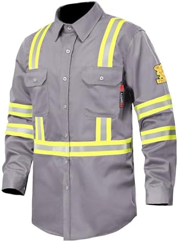 FR Shirts for Men 7oz High Visibility Fire Resistant Shirts CAT2 Welding Shirt 100% Cotton Hi Vis Flame Resistant Shirt Light Gray(4X-Large)