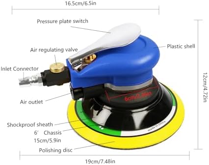 Air Palm Random Orbital Sander, Dual Action Pneumatic Polisher Speed Adjustable Grinding Sanding (Blue, 5 inch)