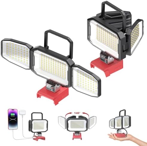 2PCS LED Work Light Compatible with Milwaukee 18V Battery, 150W 15000LM Flood Light, 6500K Daylight 3-Head Adjustable, USB Type-C&2 Brightness Modes Portable Flashlight Job Site Light (Tool Only)