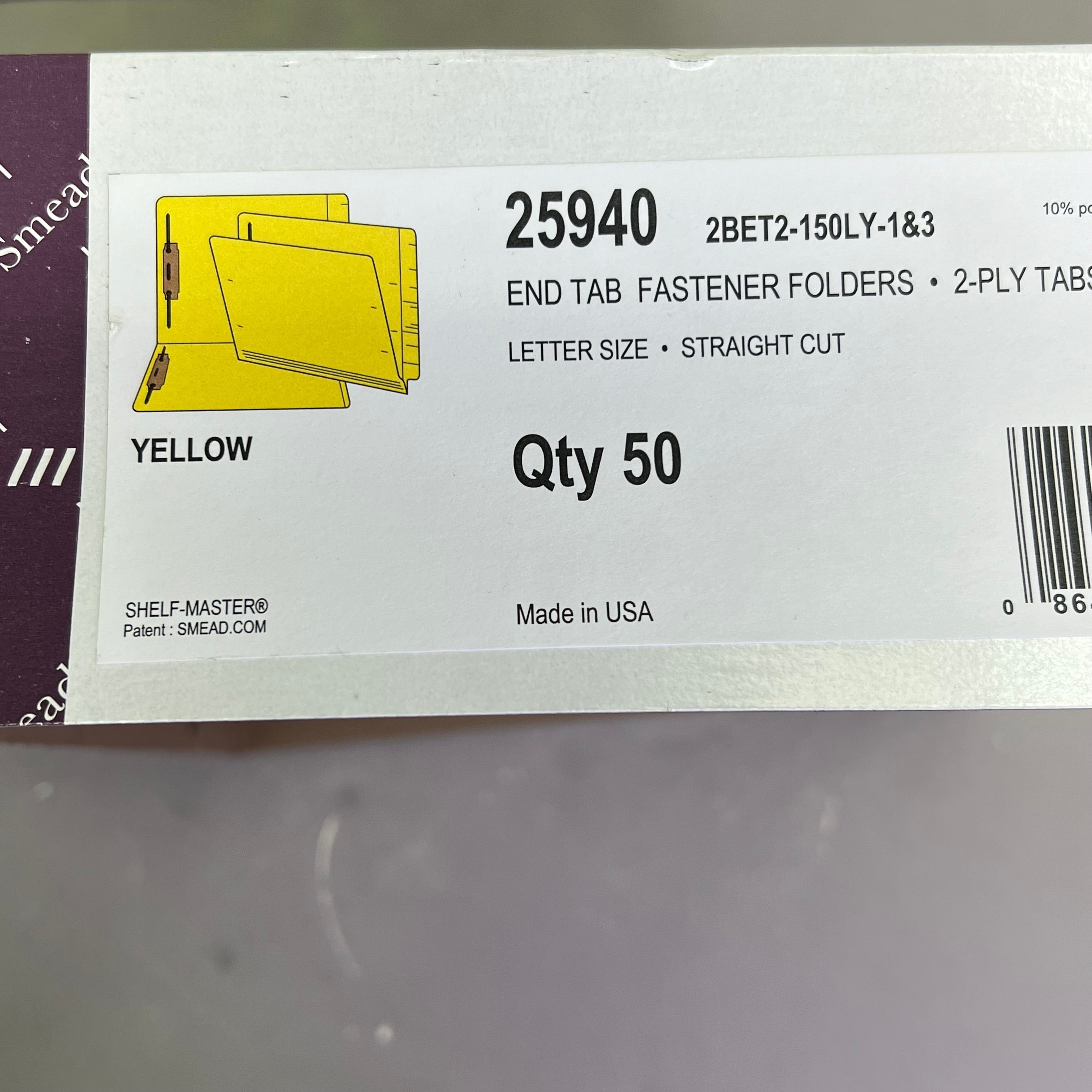 SMEAD (50 PACK) End-Tab Folders w/ Fasteners Straight Cut Letter Sz Yellow 25940