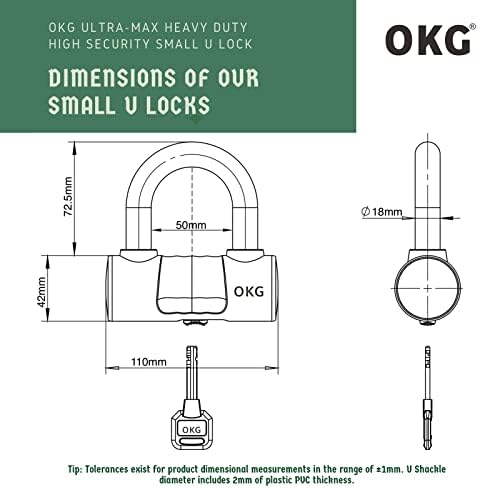 OKG Heavy Duty Bike Lock, Black, 8 lb, 2.6ft x 1/2 in (12mm) Thick Cut Proof Chain Combo 18mm Small U Lock, Ideal for Motorcycles, ATVs, Mopeds or Garage Security