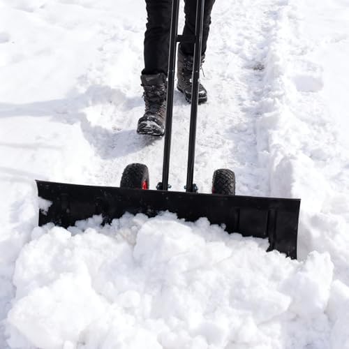 29" Heavy Duty Snow Shovel with Wheels, Shovel Snow Pusher Snow Removal with Ergonomic Handle for Easy Driveway Sidewalk Pavement Clearing (Double Rod)