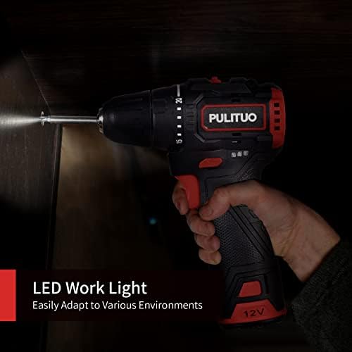 PULITUO Brushless Electric Drill Set,[Brushless Motor],12V Power Drill 310 In-lb Torque, 20+1 Clutch, 3/8" Keyless Chuck,45min Fast Charger, 2 Speed, LED Light for Home and DIY Project