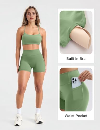 SUUKSESS Women 2 Piece Workout Sets Padded Halter Sports Bras High Waisted Biker Shorts with Pockets