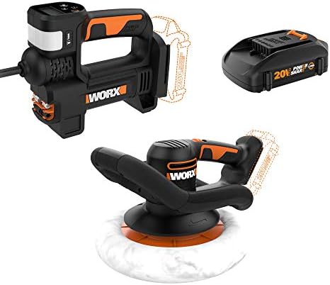 Worx WX092L 20V Power Share Cordless Inflator and WX856L 20V Power Share Orbital Buffer/Polisher