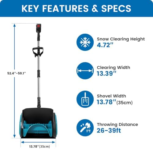 Cordless Electric Snow Shovel, 13.4" Clearing Width Brushless Snow Thrower with 3-Section Splice Pole, 40FT Max Snow Throwing Distance, Handheld Battery Powered Snow Blower for Driveway & Deck