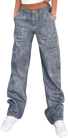 Lepunuo Cargo Pants for Women High Waisted Casual Pants Baggy Stretchy Wide Leg Y2K Streetwear with 6 Pockets