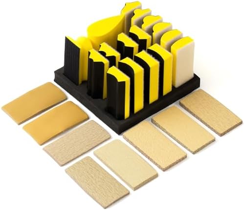 56 PCS Hand Sanding Block Set Include 16 PCS Contoured Profile Sander Block and 40 Sheet Sandpaper Interchangeable Assorted Convex & Concave Shapes Used for Woodworking Furniture, Auto Paint