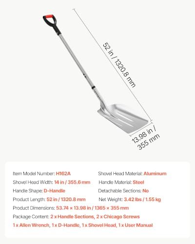 VEVOR 14" Aluminum Metal Snow Shovel for Driveway 52” Height
