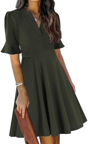Mokayee Womens Summer V Neck Ruffle Short Sleeve Fit and Flare Knee Length Church Wedding Guest Dresses with Pockets