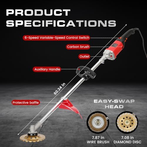 Electric Concrete Grinder & Polisher, 110V 6-Speed Heavy Duty Floor Grinder for Concrete, Cement & Wall Grinding, Rust, Paint & Coating Removal, 180mm Diamond Disc & 200mm Wire Brush