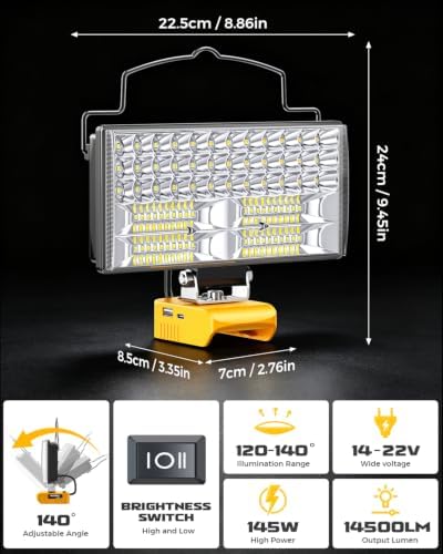 MtiolHig Cordless LED Work Light Compatible with Dewalt 20V Battery - Flood Construction Light Emergency Portable for Work Shop | Car Repair | Outdoor - 145W 14500Lumen with USB & Type-C(Tool Only)