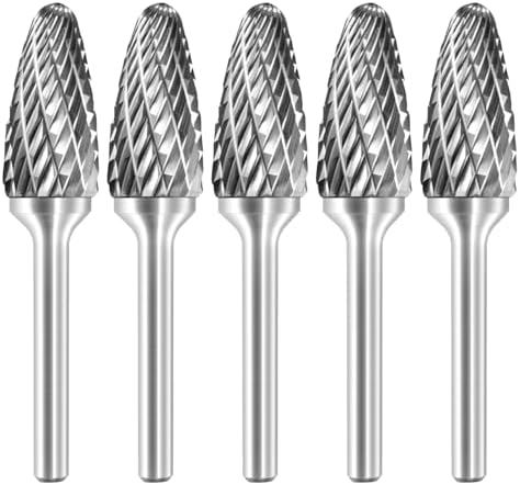SF-5 Tungsten Carbide Burr Rotary File Tree Shape Radius End Shape Double Cut for Die Grinder Drill Bits 1/4'' Inch Shank Diameter and 1/2'' Diameter of Cutter 1'' Inch Cutter Length - 5Pcs