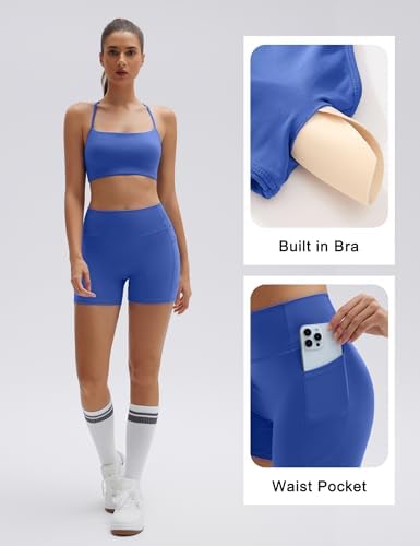 SUUKSESS Women 2 Piece Workout Sets Padded Halter Sports Bras High Waisted Biker Shorts with Pockets