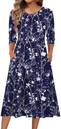 Zeagoo 3/4 Sleeve Women's Dress Casual Aline Summer Fall Midi Long Dresses