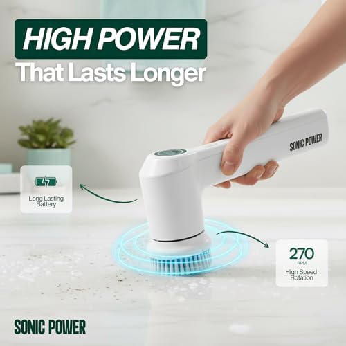 SonicPower Electric Spin Scrubber – Handheld & Ergonomic, IPX7 Waterproof, 4 Multi-Purpose Brush Heads, Long-Lasting Rechargeable Battery – Cleans Dishes, Bathroom, Tile, Grout & Kitchen (White)