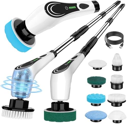 8-Head Cordless Electric Spin Scrubber, Adjustable Handle, White