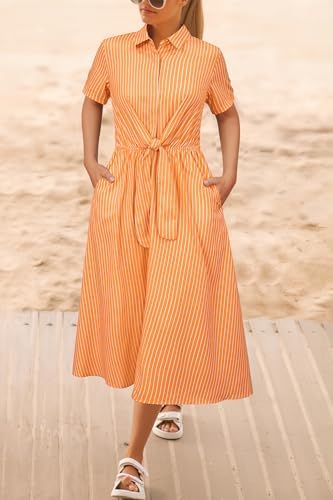 Newshows Women's Work Business Casual Outfits Tie Waist Midi Shirt Dress