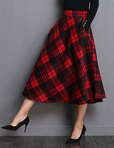 IDEALSANXUN Womens Plaid Wool Skirts Elastic Waist A-Line Pleated Tartan Long Skirts