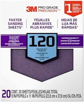 3M Pro Grade No-Slip Grip Advanced Sandpaper, 120 Grit, 9" x 11" Sheets – 20-Pack for Wood, Metal, and Paint Surfaces