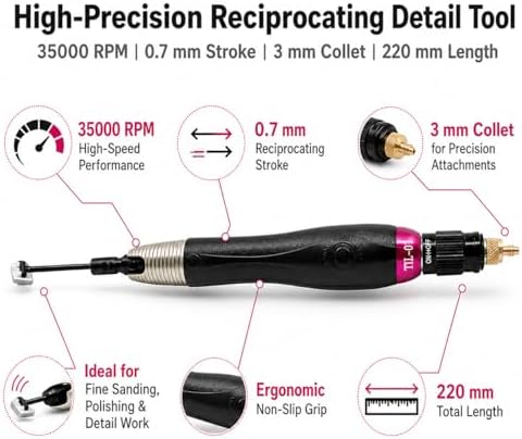 Professional Micro Air Reciprocating Sander Kit, 35000 RPM High Speed Pneumatic Linear Profiler with 0.7mm Micro Stroke Length, Pen-Style Detail Flat Surface Polishing File Tool