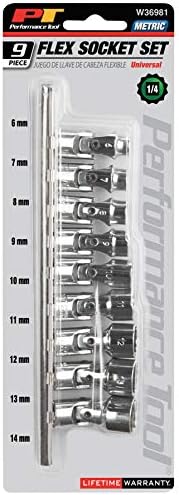 Performance Tool W36981 1/4-Inch 9 Piece Drive Metric Flex Socket Set, Silver | Chrome vanadium steel. 6-point design reduces fastener rounding. Includes metal clip socket rail. 6mm to 14mm