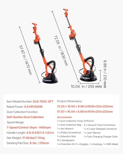 VEVOR Cordless Drywall Sander, 450W Electric Sander, Popcorn Ceiling Removal Tool with Vacuum Dust Collection, 7 Variable Speed 0-1600 RPM, LED Light, Foldable & Extendable Handle, 15 Sanding Discs