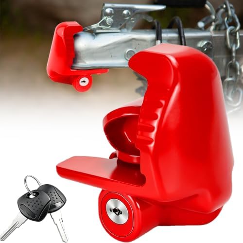 Trailer Hitch Locks with Keys, Universal Size Fit 1-7/8,2-5/16,2 Inch Ball Hitch Coupler Lock, Adjustable Heavy Duty Steel Trailer Tongue Lock for Boat, Trailers and RV, Anti-Theft Hitches, Red-1 Pack