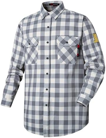 FR Shirts for Men 7oz Fire Resistant Shirts CAT2 Welding Shirt 101% Cotton Flame Resistant Shirt Grey/Plaid(4X-Large)