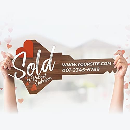 Customized Real Estate Sold Key Prop - Personalized Giant Key Sign For Realtors - Custom Sold Key For Real Estate Marketing - Real Estate Closing Prop House Key - Mahogany Wood Heart Style Size L
