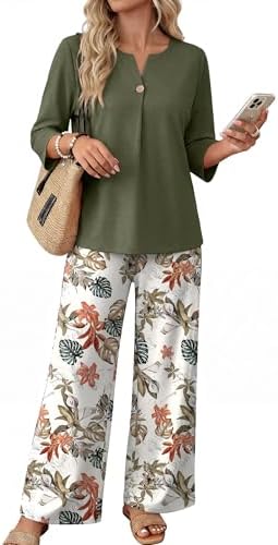WIHOLL Two Piece Sets for Women 3/4 Length Sleeve Lounge Sets Summer Spring Vacation Travel Outfits Fashion Clothing