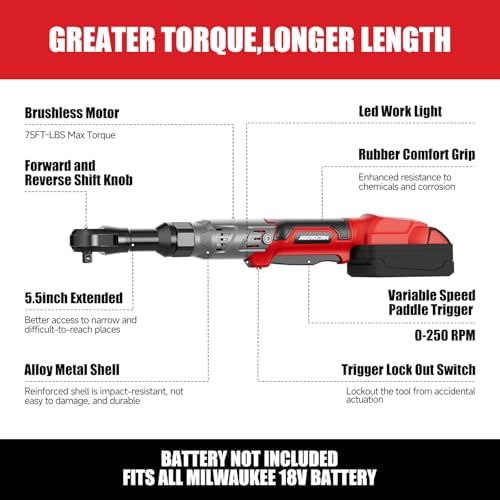 3/8" Cordless Ratchet Wrench for Milwaukee 18V, 75 Ft-lbs(102N.m)