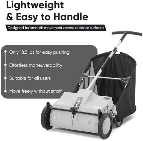 Dapper Supply 22-Inch Push Lawn Sweeper, Grass, Lawn and Leaf Cleanup Collector with Large 3.5 cu. ft. Hopper Bag, Durable Wheels, and Dual Spinning Brushes, Grey